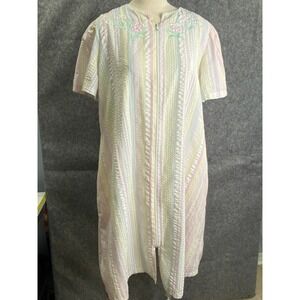 Vintage Collette Pastel Stripe Zip House Dress Duster Pockets Embroidered Sz M/L